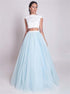 A Line Two Piece Cheap Tulle and Satin Scoop Prom Dress LBQ2785